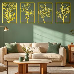 ZNZAPO 4 Pcs Large Gold Metal Flower Wall Art, Abstract Line Art Wall Decor, Minimalist Floral Wall Hanging Art, 3d Wall Art Sculptures Decor for Living Room Bedroom Bathroom (15.7  22.5)