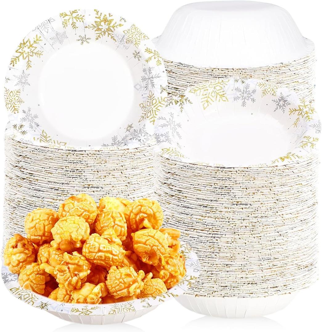 100Pcs Snowflake Paper Bowls 12 Oz Disposable Gold Silver Winter Bowl White Gold Snowflake Salad Bowls for Winter Holiday Wedding Party Decorations