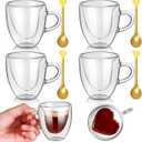 Nuogo 4 Pack Heart Shaped Double Walled Glass Coffee Cups and 4 Pack Teaspoons Set Clear Mugs 2.8oz/80ml Heart Insulated with Handle for Milk Tea Juice Coffee Valentines Wedding Couples