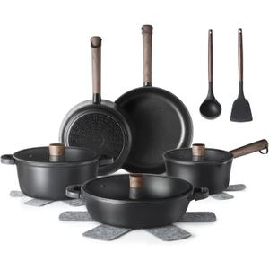 SENSARTE Nonstick Cookware Set Pots and Pans Set Kitchen Non-stick Cooking Set, Dishwasher & Oven Safe, Induction Compatible, Free of Intentionally Added PFOA/PFOS, 15pcs, Black