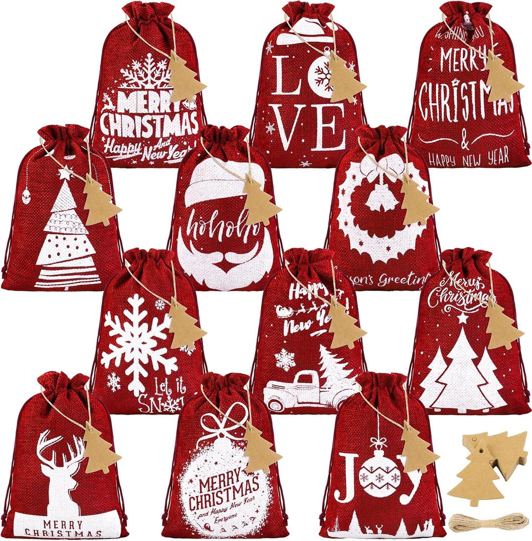 Mimind 24 Pack Christmas Linen Bags with Drawstrings - 7 x 5 Inch Burlap Gift Bags for Party Favor, 12 Designs, Wine Red