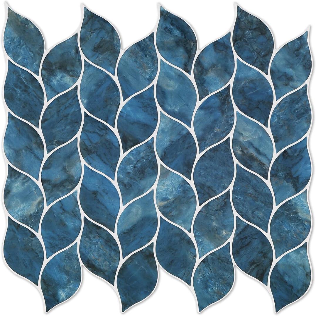 Tilingview 10 Pcs Leaf Design Peel and Stick for Kitchen Backsplash, Premium Self-Adhesive Tiles Wall Stickers (Dark Blue) (12"x12"x0.04")