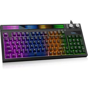 SABLUTE Quiet Wired Gaming Keyboard, 94-Key RGB Keyboard with Sound-Reactive Light Bar, Volume Control Knob, Anti-Ghosting, Compact Keyboard with Numpad for PC, for PS5, for Xbox, Black