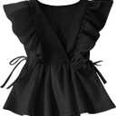 SHENHE Women's Ruffle Sleeve Tie Waist Drawstring Tops Summer V Neck Elegant Blouse Dressy Crop Tank Top (Black, S)