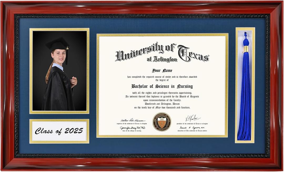 Class of 2025 Diploma Frame with Tassel Holder for 8.5x11 Certificate and 5x7 Photo,Solid Wood,Tempered Glass,Navy over Gold Mat
