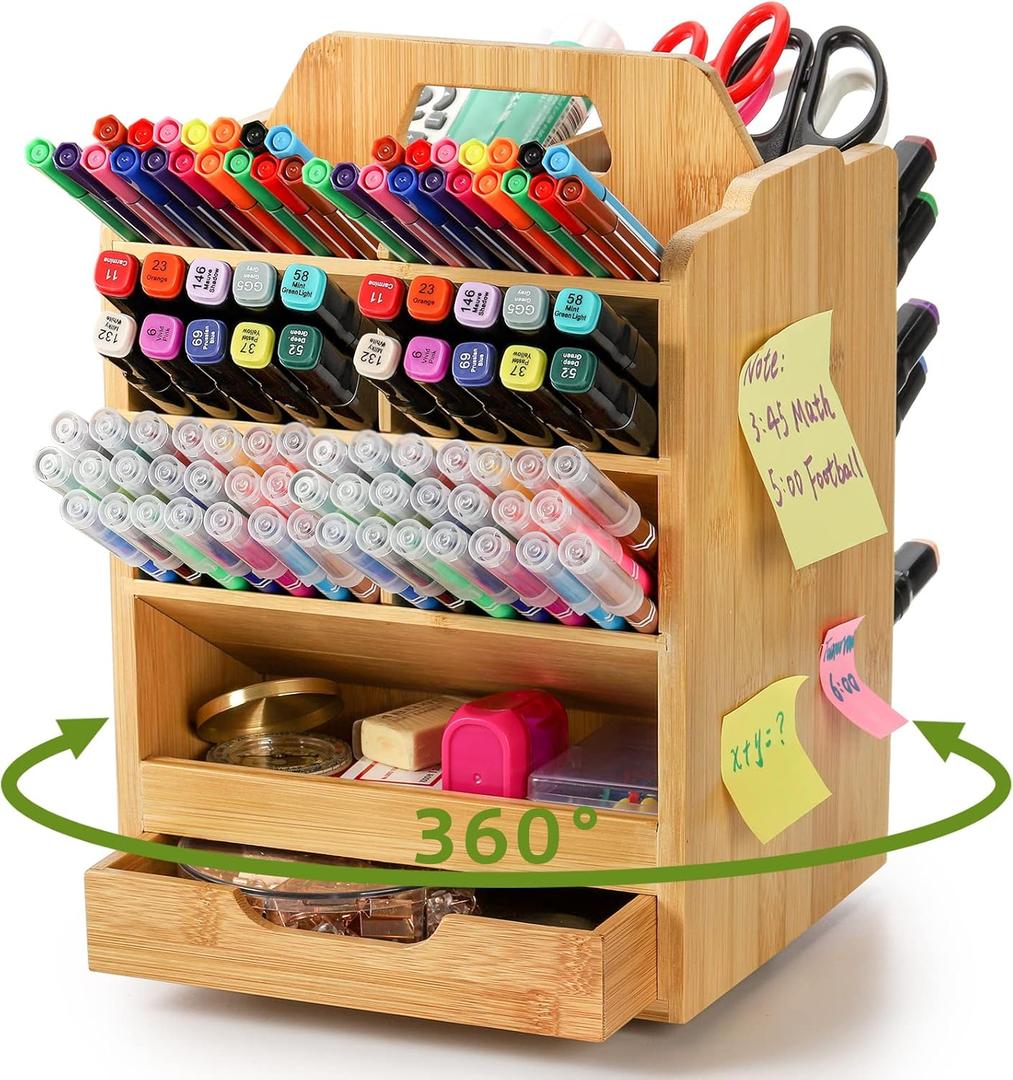 SOUJOY Bamboo Pen Holder Organizer, 360Rotating Art Supply Storage Caddy, Hold 400+ Pencils, 15 compartments Office Desk Stand Box with Handle for Marker Pens, Colored Pencil, Art Brushes SOUJOY Bamboo Pen Holder Organizer, 360Rotating Art Supply Storage Caddy, Hold 400+ Pencils, 15 compartments Office Desk Stand Box with Handle for Marker Pens, Colored Pencil, Art Brushes
