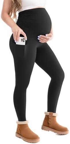 Leafigure Maternity Fleece Lined Leggings with Pockets, Warm Pregnancy Buttery Soft Yoga Workout Pants Winter, Size XL