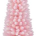 DORTALA 5 FT Pencil Christmas Tree Pink, Unlit Artificial Slim Xmas Full Tree with 328 Branch Tips, Folding Metal Stand, Flocked Skinny Decor Tree for Home Office Party