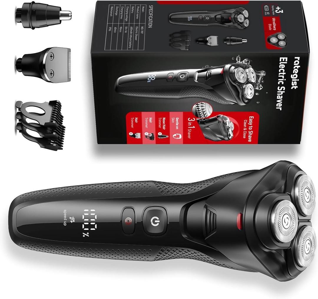 3-in-1 Electric Razor for Men, Cordless Shaver with Nose Hair & Sideburn Trimmer, IPX7 Waterproof, Turbo Speed for Precision Grooming and Travel