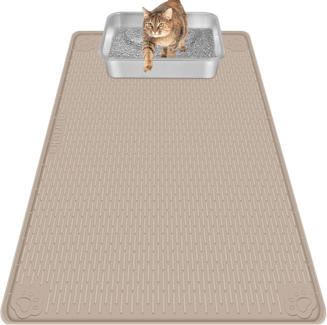 Bartuke Cat Litter Mat, Extra Large 40" x 28" Silicone Mat Litter Trapping Mat for Scatter Control, Soft on Kitty Paws, Easy to Clean (Khaki)