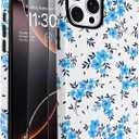 J.west for iPhone 14 Pro Max Case with 2 Pack Tempered Glass Screen Protectors Cute Floral Phone Case Hybrid PC+TPU Slim Shockproof Phone Cover for Women Girls
