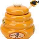 BuleVina Ceramic Honey Pot with Wooden Dipper - Small Bee Hive Jar Honey Storage with Lid Stir Bar (5 Oz) - Farmhouse Kitchen Decor, Tea Accessories, Dishwasher Safe Honey Dispenser Kitchen Supplies