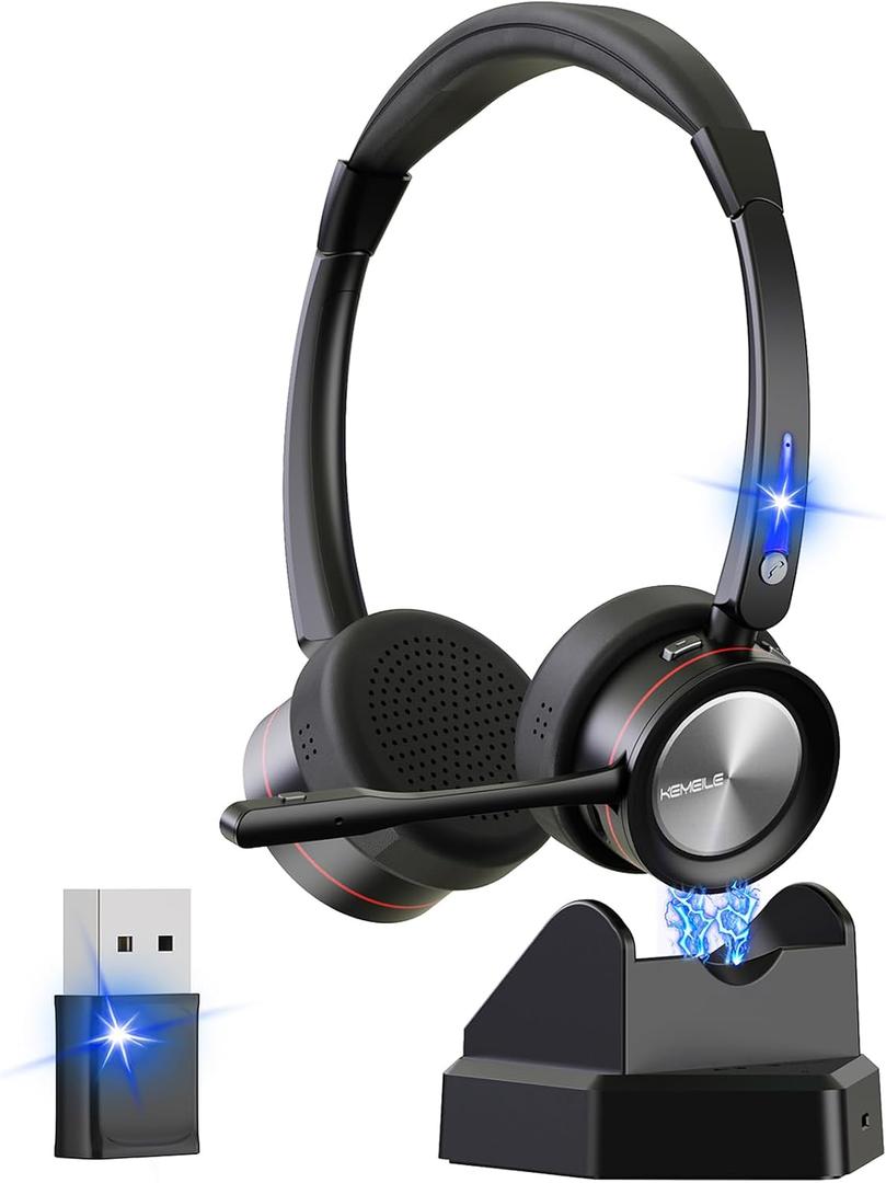 Wireless Bluetooth Headset with Microphone AI Noise Cancelling for Computer/PC/Laptop/Cellphone, Bluetooth Headphone with Mic Mute & Charging Base for Home Office/Call Center/Teams/Zoom, etc