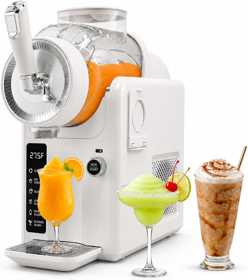 SYINTAO Slushie Machine No Ice Needed, 2-in-1 Frozen Drink & Soft Serve Ice Cream Maker, Self-Chilling Slushy Maker with 5 Presets, LED Display & Auto Clean for Home & Party (White)