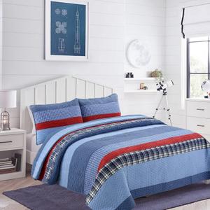 Cozy Line Home Fashions Sailor Navy Striped 100% Cotton Reversible Bedding Quilt Set, Coverlet Bedspread for Boys Kids (Navy/Red, Twin - 2 Piece)