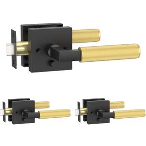 Amerdeco 3 Pack Privacy Door Handles, Black and Brushed Gold Interior, Knurled Lever, Heavy Duty for Bedroom and Bathroom, Reversible Keyless for Right & Left Side AM0021