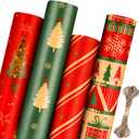 Panigkids Christmas Wrapping Paper(Including Jute Twine), 4 Rolls vintage wrapping paper with Geometric Stripes, Tree & Snowflakes Designs for Christmas Gift Wrap, Thanksgiving & Holiday & Party , 16.9'' x 16.4' (Green)