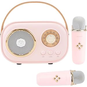 Mini Karaoke Machine for Kids, Portable Bluetooth Speaker with 2 Wireless Microphone, Toys for Girls Boys Gifts, Retro Speaker Set Stereo Sound Enhanced Bass for Home Party Birthday (Pink)