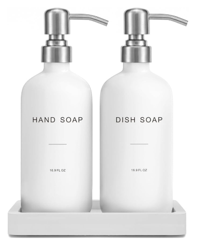 Prus Waso White Soap Dispenser for Kitchen Sink, Dish and Hand Soap Dispenser with Silver Stainless Steel Pump, Perfect for Kitchen Decor and Accessories. (Silver & White)