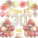 30th Birthday Decorations for Women Retro Blush Pink Birthday Balloons Happy 30th Banner Cake Topper Pom Pom Nude Rose Gold Number 30 Balloon for Her 30 Years Old Bday Party Decoration Supplies