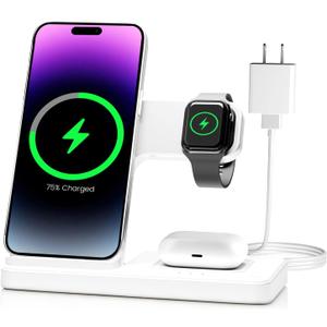 Wireless Charger Charging Station: 3 in 1 Charger Stand for Apple Multiple Devices Product for iPhone 16 15 14 Pro Max 13 12 11 for Watch 10 9 8 7 6 5 4 3 2 SE & Ultra for Airpods 4 3 2 Pro (White)