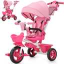 EOOWOY Toddler Tricycle with Push Handle, 7 in 1 Stroller Trike with 360 Swivel Seat, Reclining Backrest, All-Terrain Wheels, Dual Brakes, Canopy & Storage, Gift for Kids 18 Months to 5 Years, Pink, Medium