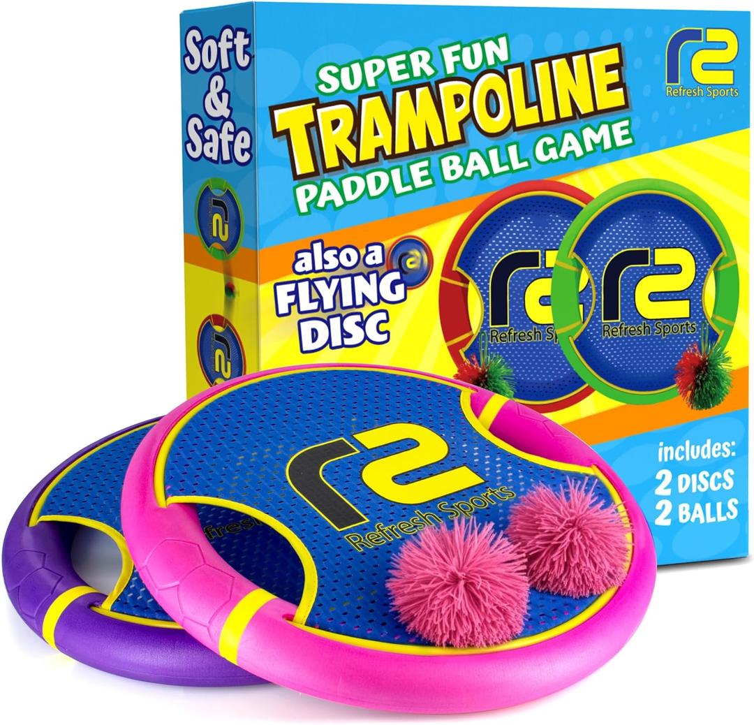 Fun Bouncy Paddle & Stringy Ball Toss & Catch Game - Easy to Use for Kids All Ages - Soft Foam Design for Safe Play Indoors or Outdoors - Also Works as Flying Disc - Great Gift Idea for Boys & Girls (Pink & Purple)