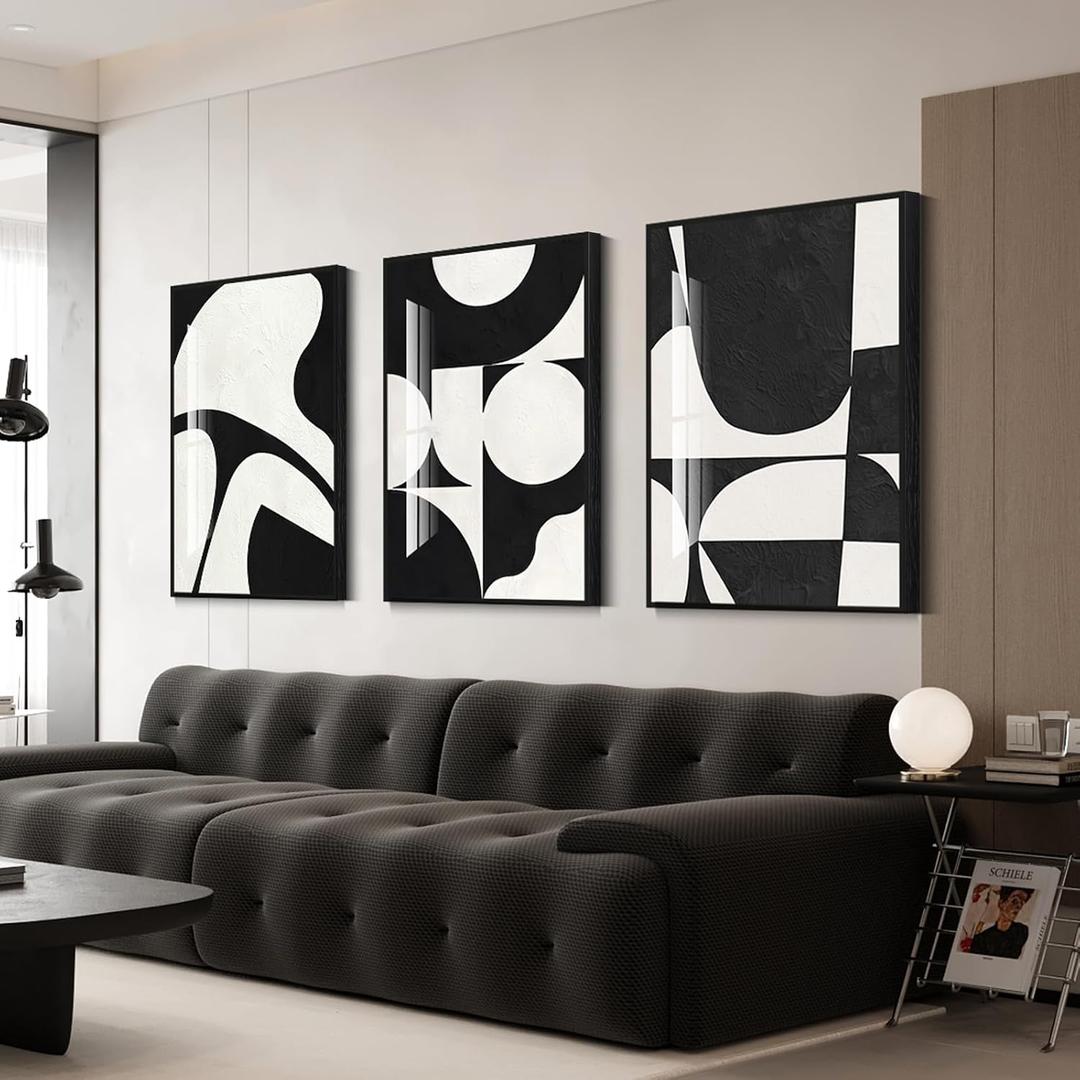 QKF Black Framed Abstract Wall Art Geometric Black & White Canvas Paintings for Living Room Bedroom Bathroom Modern Minimalist High Gloss Decor 16x24 Inches 3 Piece Set