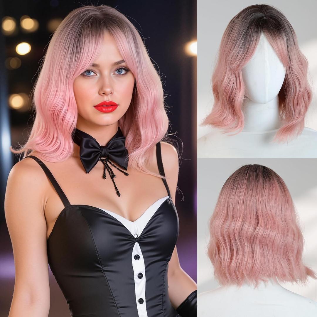 Ombre Pink Bob Wig for Women for Halloween Short with bangs Synthetic Hair,Heat Resistant,Natural Looking - Perfect for Halloween Cosplay, Costume Parties & Themed Events12inch