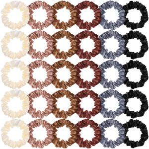 WILLBOND 30 Pcs Small Satin Silk Scrunchies Bulk for Women, Thin Hair Ties Mini Scrunchy Bands Skinny Ponytail Holders for Thick Curly Hair Pony Tails Wrist Decor(Colorful)