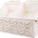 YAHUAN Macrame Storage Baskets with Wood Handles Handmade Woven Boho Decor Box for Organizing on Shelf Cabinet Countertop - Set of 3 (White)