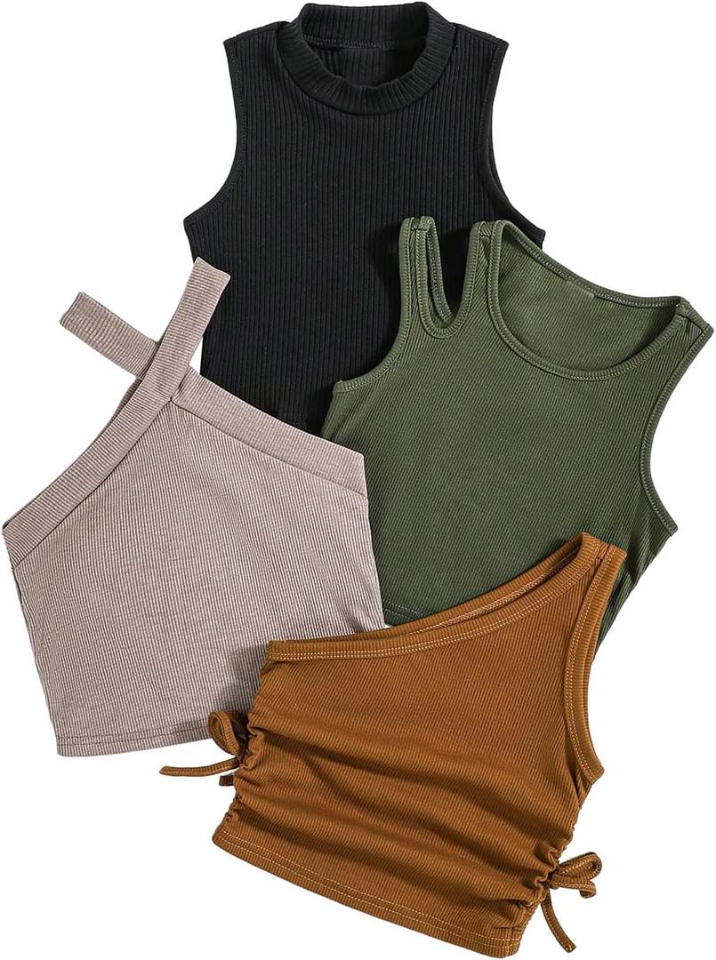OYOANGLE Toddler Girl's 4 Pack Ribbed Knit Crop Tank Tops Set One Shoulder Summer Camisole Black and Green 5Y