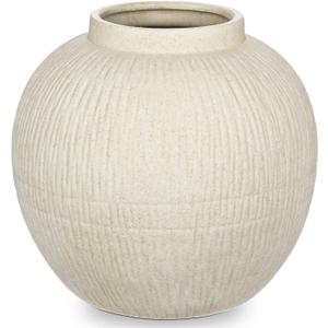 9" Large Rustic Vase with Linear Sculpture and Rich Sand Texture, Round Ceramic Vase with Wide Belly for Space Filling Decor, Retro Style & Beige White
