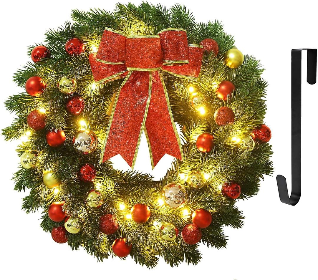Juegoal 16 Inch Pre-Lit Christmas Wreath with Metal Hanger, Large Red Bow and Colored Balls, Battery Operated with Warm White 40 LEDs Lights, Front Door Spruce Lighted Wreath X-max Decorations