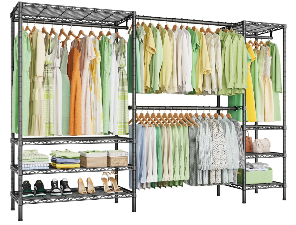 Ulif E11 Heavy-Duty Garment Rack, Metal Freestanding Clothes Rack and Closet Storage Organizer System with 8 Shelves and 4 Hanger Rods, (73.2-97.6)" W x 14.5" D x 71.2" H, Load 1034 LBS, Black