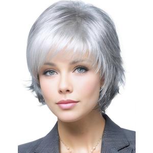 TISHINING Short Gray Pixie cut Wigs for White Women with Bangs Mixed Grey Layered Natural Wavy Synthetic Hair Replacement Wig for Daily Life