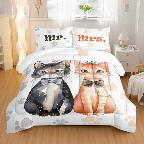 Nttopship Lovers Cat Comforter Bedding Set with 2 Pillowcase Queen Size Cartoon Cat Comforter Set for Kids Boys Girls Bedroom Decor