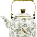 Vintage Enamel Tea Kettle, Dragonfly Floral Pattern Stovetop Teapot with Gold Handle, 2.5L Enamel Kettle Kitchen Decor, Ideal Gift for Housewarming Camping Coffee Pot