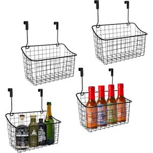 4PCS Over the Cabinet Basket, Over Cabinet Door Organizer, Grid Storage Baskets with Hooks, Metal Hanging Basket Kitchen Storage Organizer Holder for Pantry, Bathroom, Black, 11x9.2x4.3
