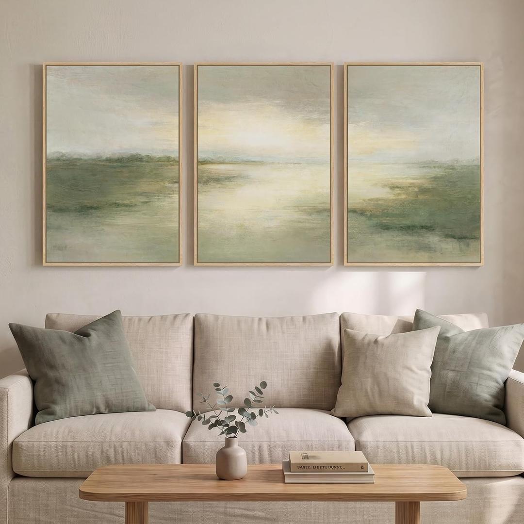 Large Framed Sage Green Abstract Landscape Wall Art, Set of 3 Each 20x30 In, 20" W x 30" H x 3pcs