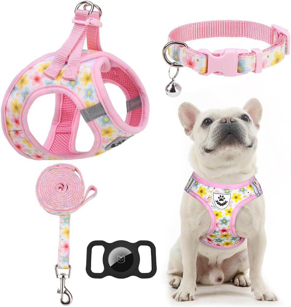 EXPAWLORER Small Dog Harness and Leash Set - Cute Puppy Harness Leash Dog Collar with AirTag Holder Silicone Case, Soft Padded Step in Pet Vest Reflective for Outdoor Walking, Floral M