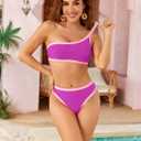 Women's Ribbed Bikini Sets One Shoulder Top Two Piece Swimsuits | Girl Mid Rise Bottom, Thong Swimwear,Teens Bathing Suit (Pink)