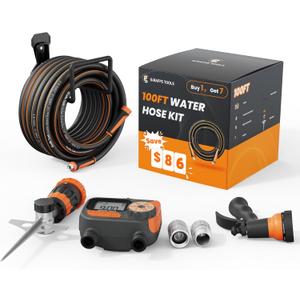 Giraffe Tools Garden Hose 100ft x 5/8", Water Hose Heavy Duty, Flexible with Watering Timer Nozzle and Yard Sprinkler, Lightweight Hybrid Hose with Swivel Handle, Male to Female Fittings