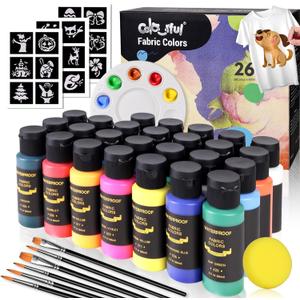Colorful Fabric Paint Set for Clothes, with 6 Brushes,1 Palette, 26 Colors Permanent Child Safe & Non- Toxic Fabric Paint Kit for T-Shirt, Bags and Cloth Shoes (2 Fl Oz (Pack of 26))