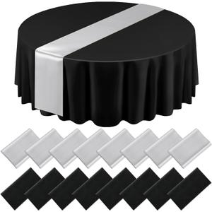 Tudomro 16 Pcs Black and Silver Round Plastic Tablecloth and Satin Table Runner Set 84 Inch Round Covers 12 x 108 Inch Table Runners for Christmas Wedding Birthday Party Baby Shower