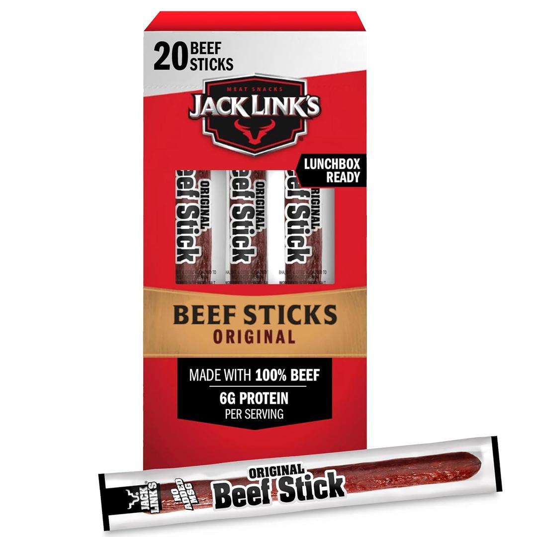 Jack Link's Beef Sticks, Original - Protein Snack, Meat Stick with 6g of Protein, Meat Snack Sticks Made with 100% Beef, Keto Friendly, Individually Wrapped - 0.92 Oz. (20 Count) (EXP 07/27/26)