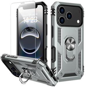 IKAZZ for iPhone 17 Pro Max Case 6.9 Inch with Screen Protector,Military Grade Shockproof Heavy Duty Protective Phone Cover Pass 16ft Drop Test with Magnetic Kickstand Car Mount Holder,Silver