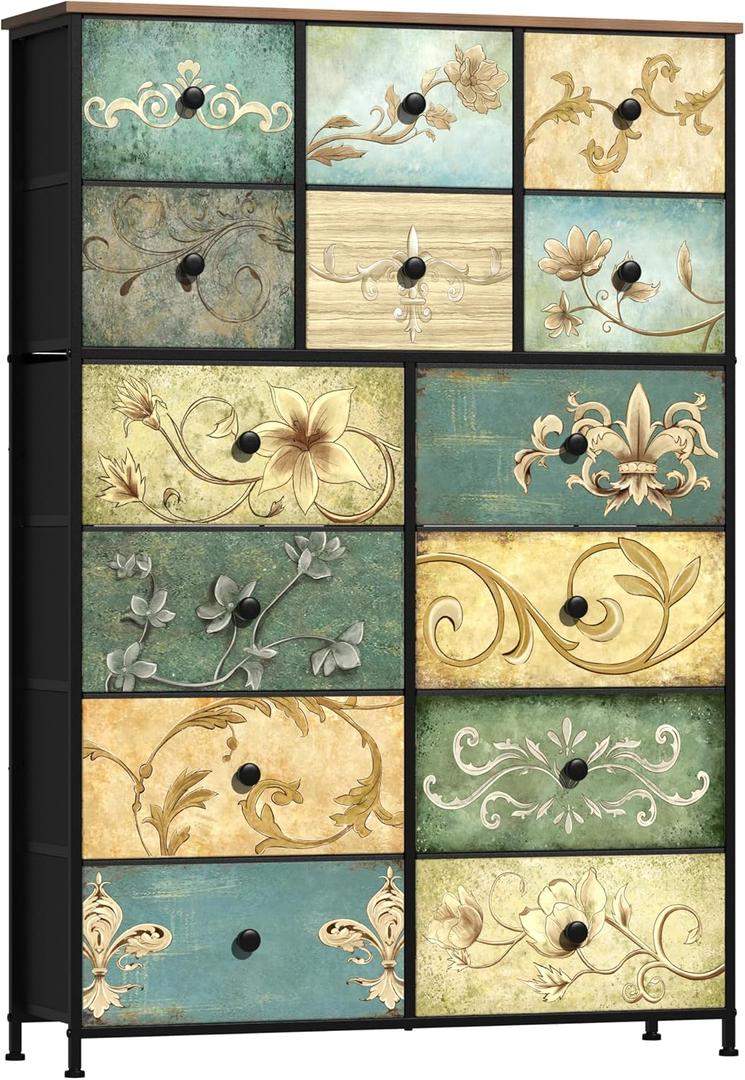 Tohomeor Dresser with Drawers for Bedroom Chest of Drawers Fabric Dresser for Closet,Nursery Entryway Hall Tree TV Stand for Living Room Retro Floral Pattern Drawers Wooden Top (14 Drawers), 11.8"D x 39"W x 57"H