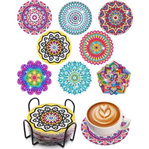 Benvo 8 Pcs Diamond Painting Coasters Kit Mandala Cup Coasters DIY Diamond Art Kits with Diamond Painting Pens, Holders, Cork Base for Beginners Adults and Kids Art Craft Supplies Gift (Mandala B)