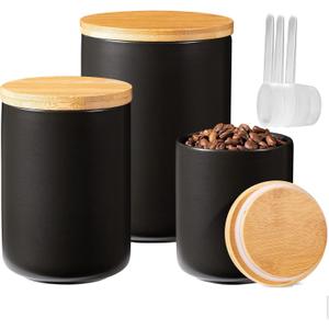 Yangbaga Black Ceramic Canister Set for Kitchen-Set of 3 Kitchen Canisters for Countertop with Airtight Wood Lids, Large Kitchen Storage for Flour, Sugar, Coffee-Modern Countertop Decor (84/32/15 OZ)